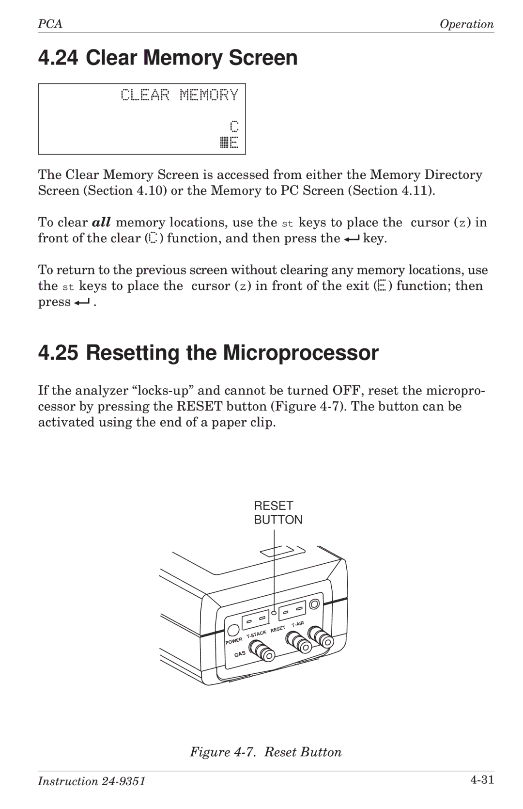 Bacharach 24-9351 manual Clear Memory Screen, Resetting the Microprocessor 