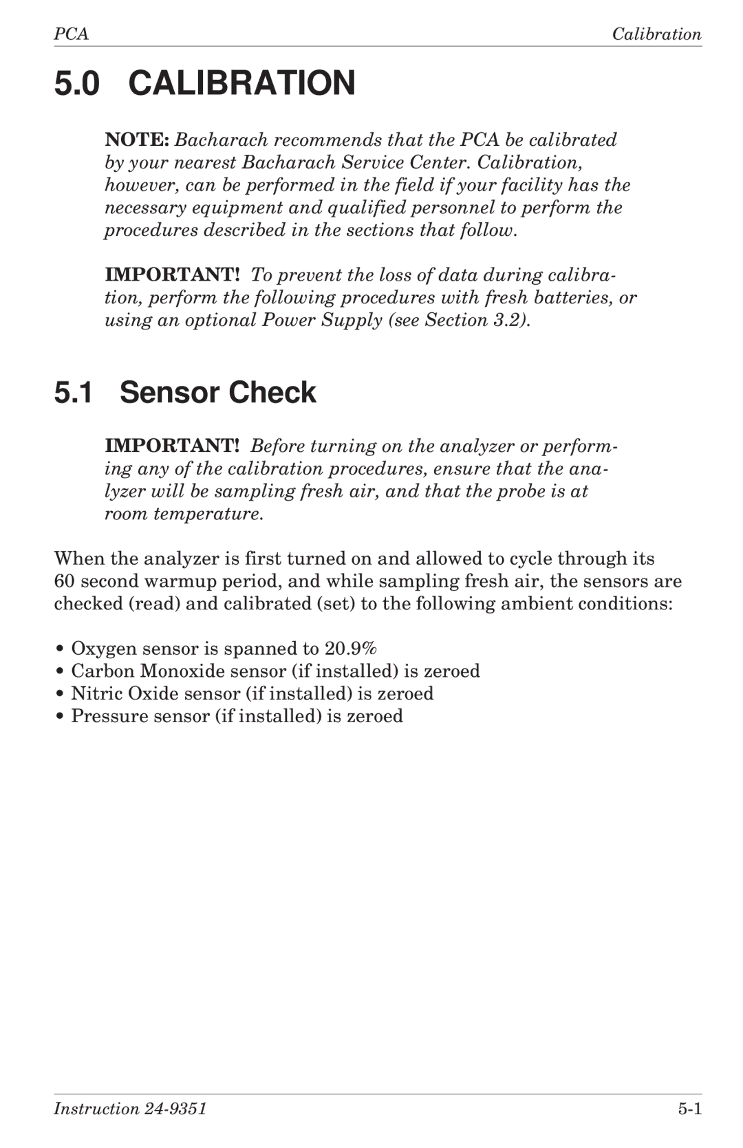 Bacharach 24-9351 manual Calibration, Sensor Check 