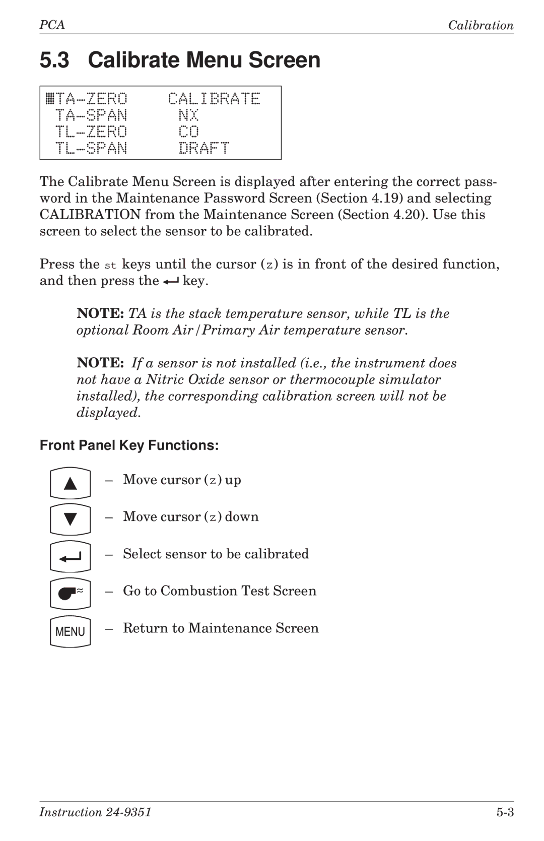 Bacharach 24-9351 manual Calibrate Menu Screen, «TA-ZERO Calibrate TA-SPAN NX TL-ZERO CO TL-SPAN Draft 
