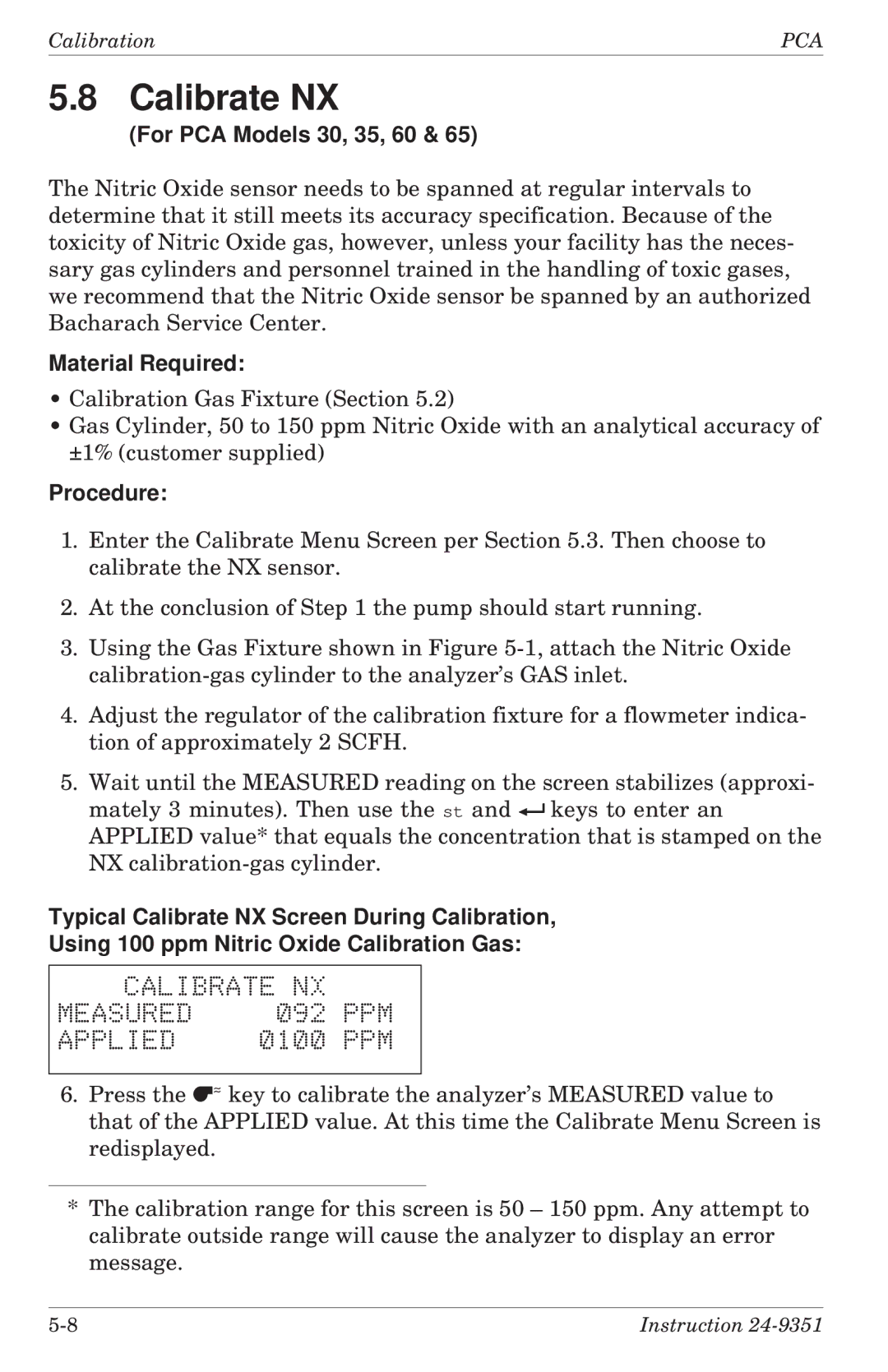 Bacharach 24-9351 manual Calibrate NX Measured, Ppm, Applied 