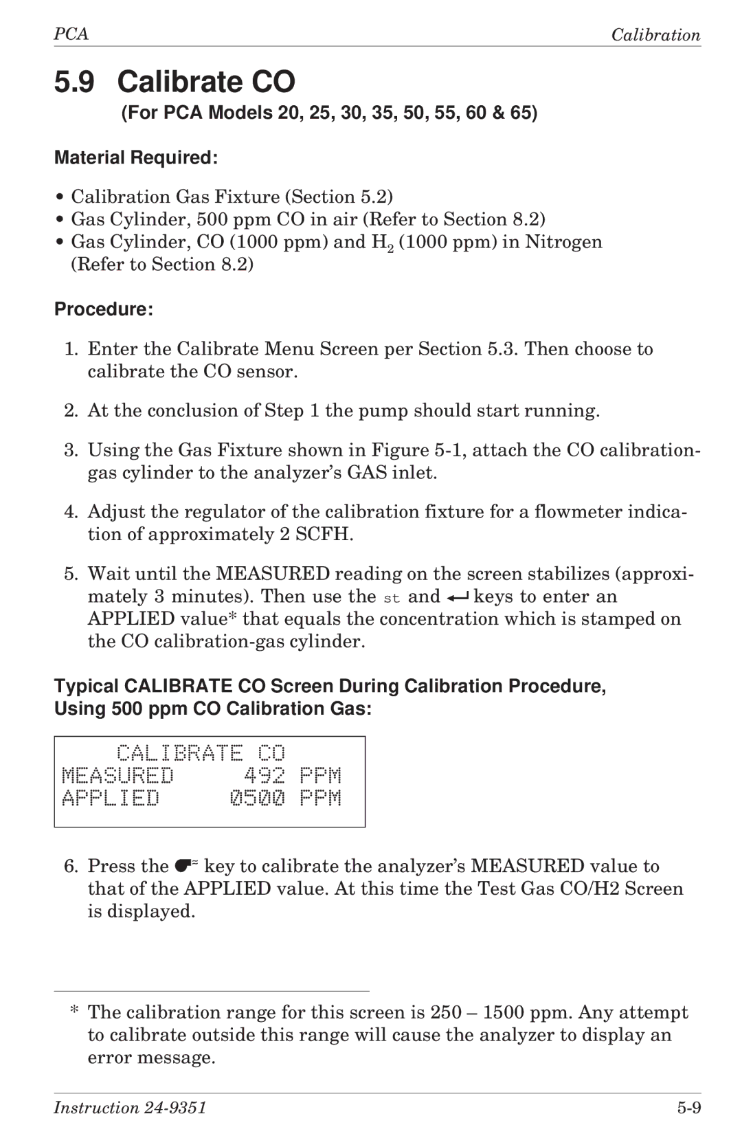 Bacharach 24-9351 manual For PCA Models 20, 25, 30, 35, 50, 55, 60 Material Required, Calibrate CO Measured, 492, 0500 