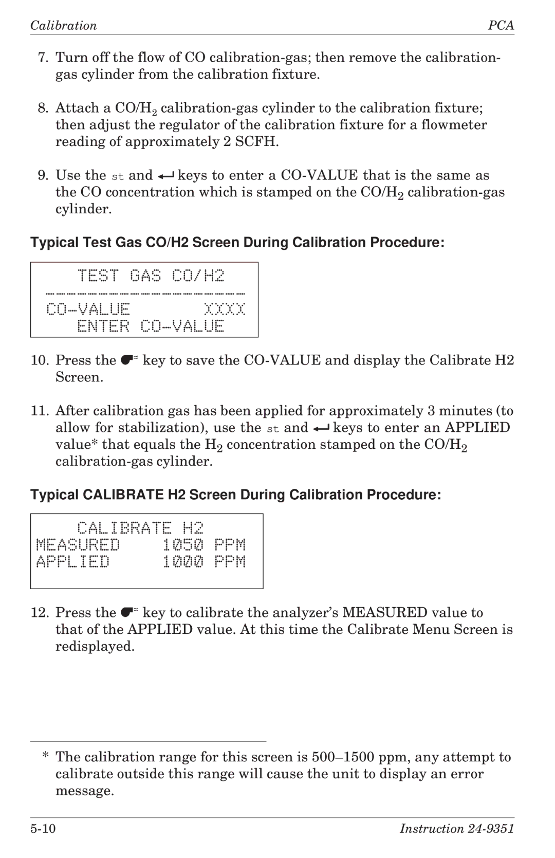 Bacharach 24-9351 manual Typical Test Gas CO/H2 Screen During Calibration Procedure, Test GAS CO/H2 CO-VALUE Enter CO-VALUE 