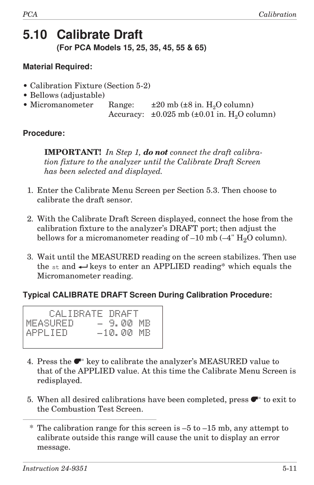 Bacharach 24-9351 manual For PCA Models 15, 25, 35, 45, 55 Material Required, Calibrate Draft Measured Applied, 10.00 