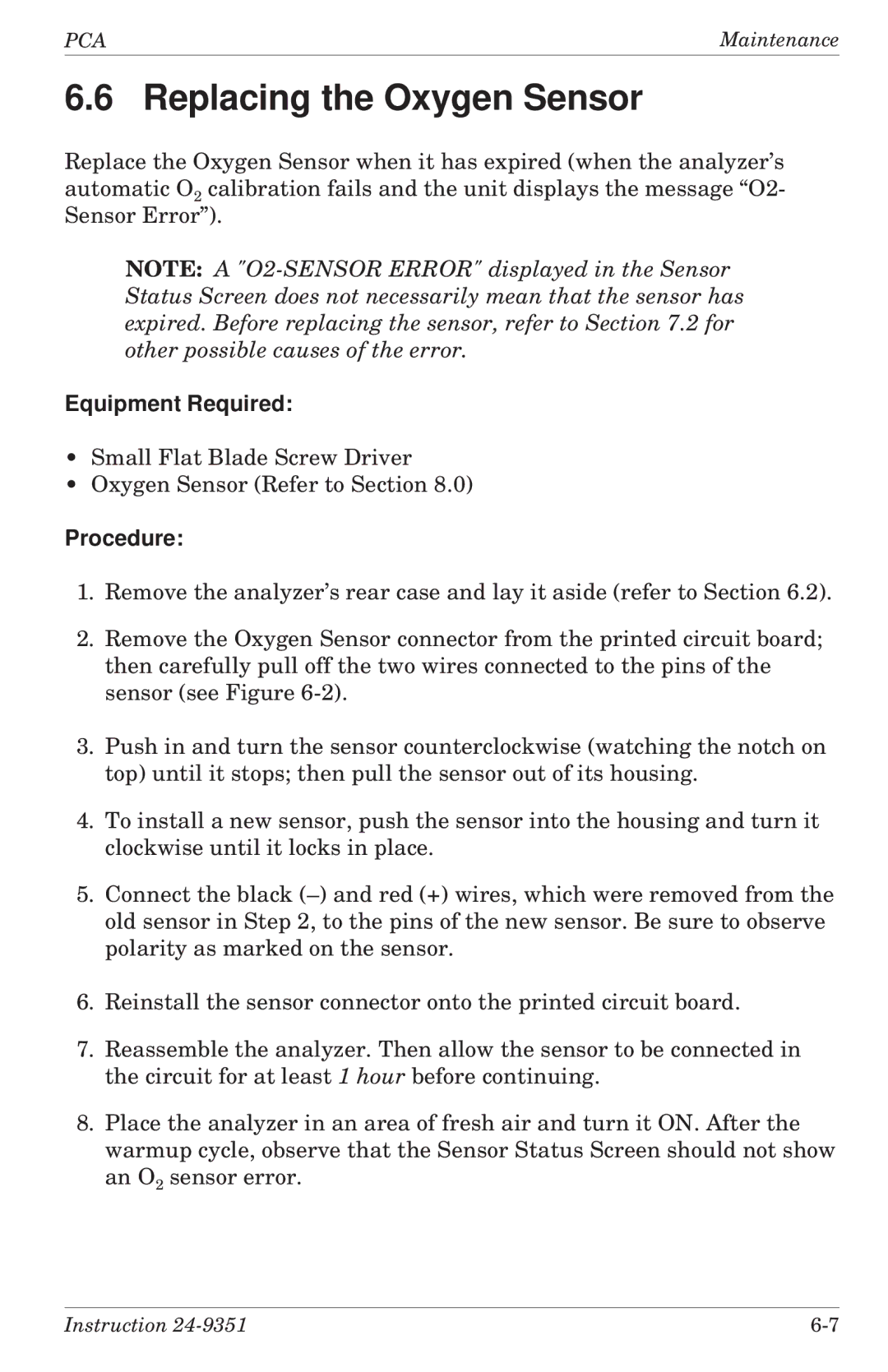 Bacharach 24-9351 manual Replacing the Oxygen Sensor 