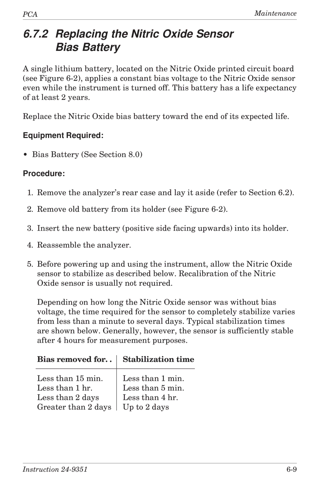 Bacharach 24-9351 manual Replacing the Nitric Oxide Sensor Bias Battery 