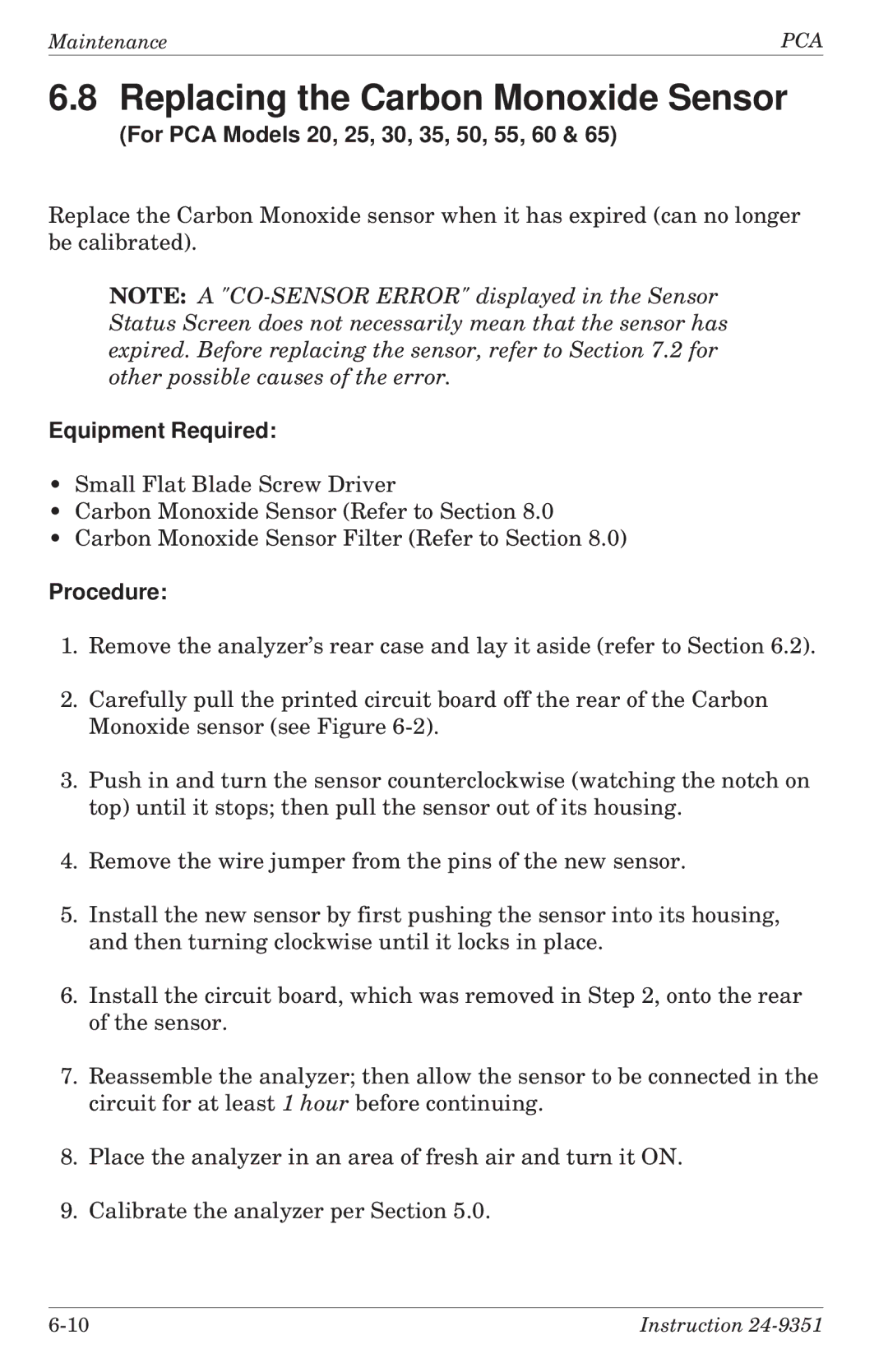 Bacharach 24-9351 manual Replacing the Carbon Monoxide Sensor, For PCA Models 20, 25, 30, 35, 50, 55, 60 