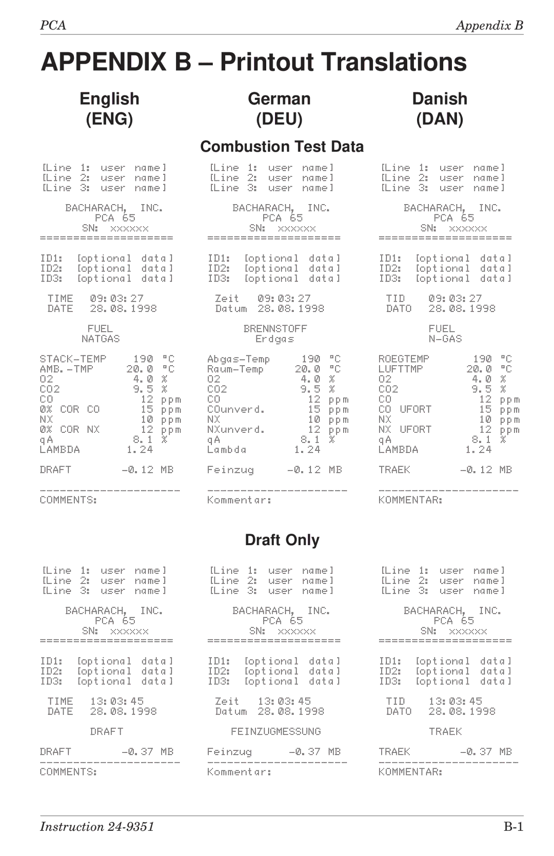 Bacharach 24-9351 manual Appendix B Printout Translations 