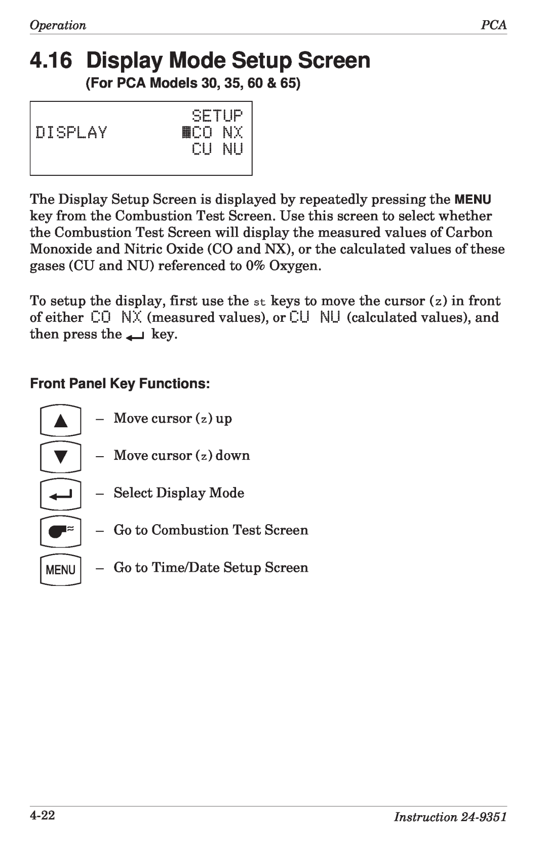 Bacharach 24-9351 manual Display Mode Setup Screen, For PCA Models 30, 35, 60, Setup Display «Co Nx Cu Nu 
