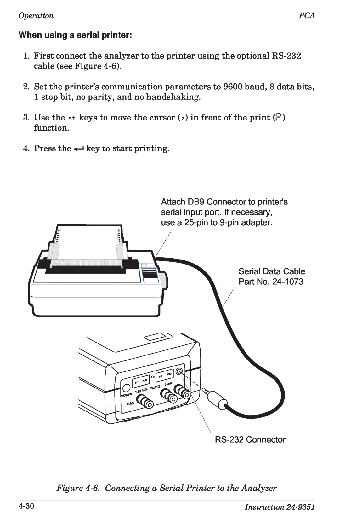 Bacharach 24-9351 manual When using a serial printer, SerialDataCable PartNo.24-1073, RS-232Connector 