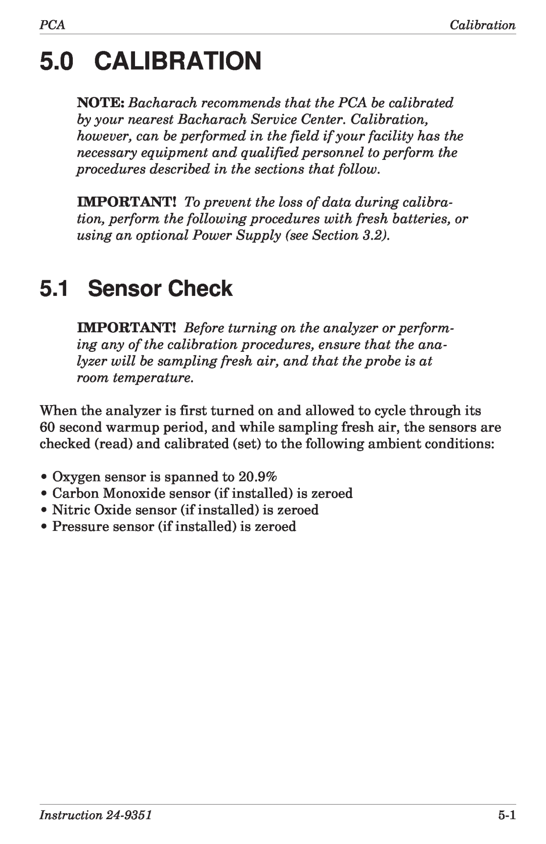 Bacharach 24-9351 manual Calibration, Sensor Check 