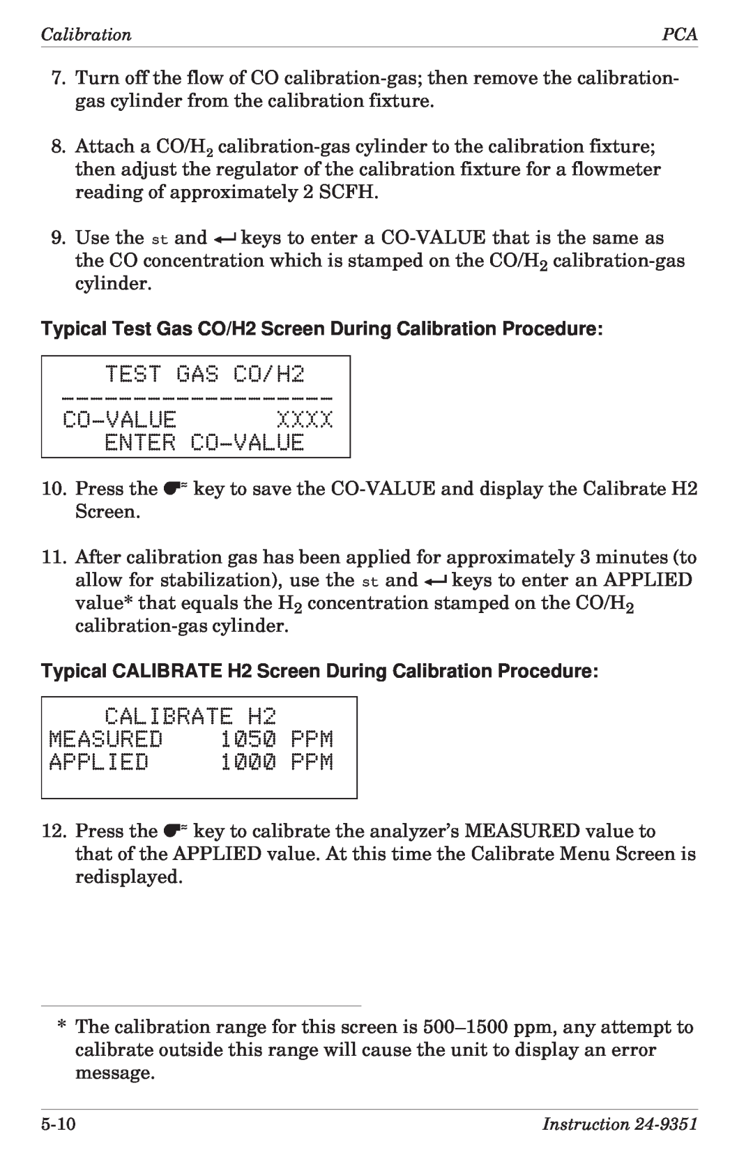 Bacharach 24-9351 manual TEST GAS CO/H2, Co-Valuexxxx Enter Co-Value, CALIBRATE H2, 1050, 1000, Measured, Applied 