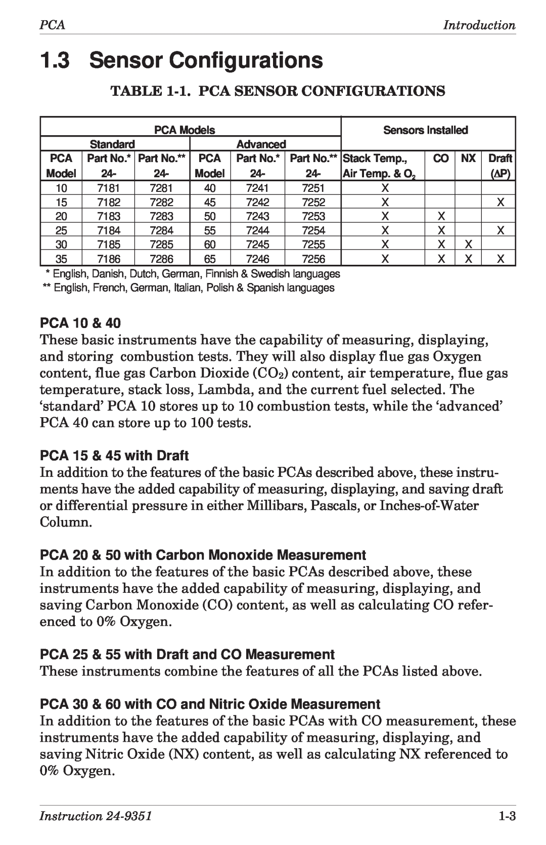 Bacharach 24-9351 Sensor Configurations, PCA 10, PCA 15 & 45 with Draft, PCA 20 & 50 with Carbon Monoxide Measurement 