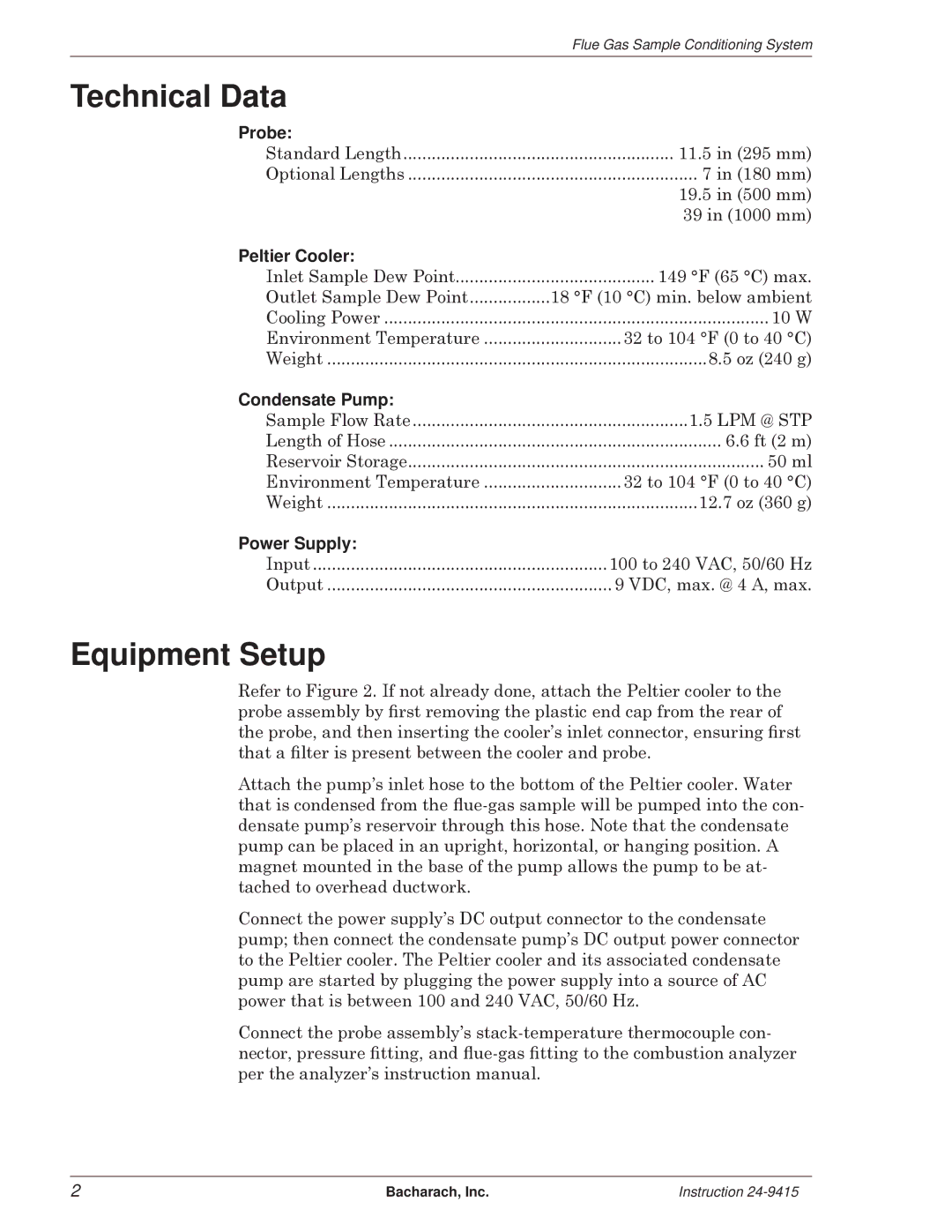 Bacharach 24-9415, 24-7224 manual Technical Data, Equipment Setup 