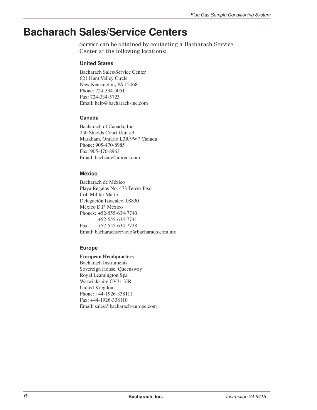 Bacharach 24-9415, 24-7224 manual Bacharach Sales/Service Centers, United States 