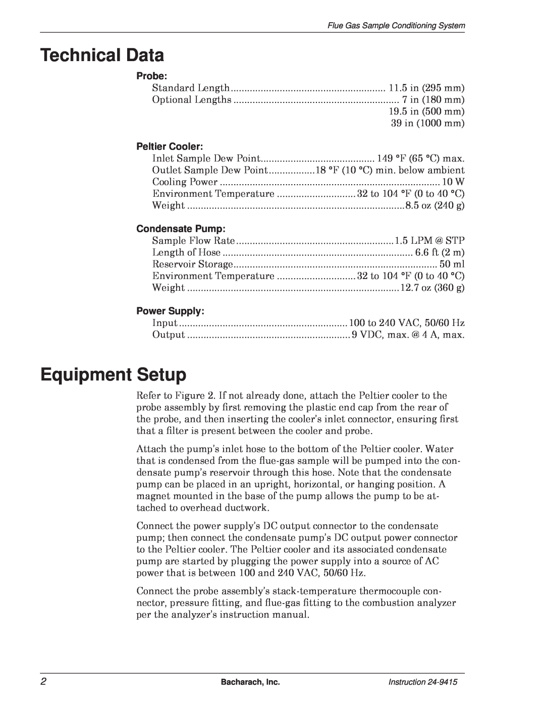 Bacharach 24-9415, 24-7224 manual Technical Data, Equipment Setup 