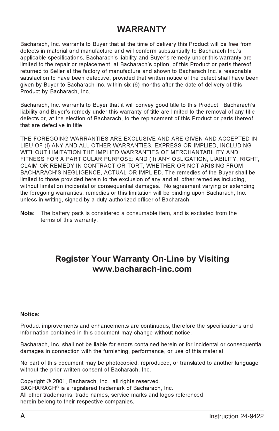 Bacharach 24-9422 manual Warranty 