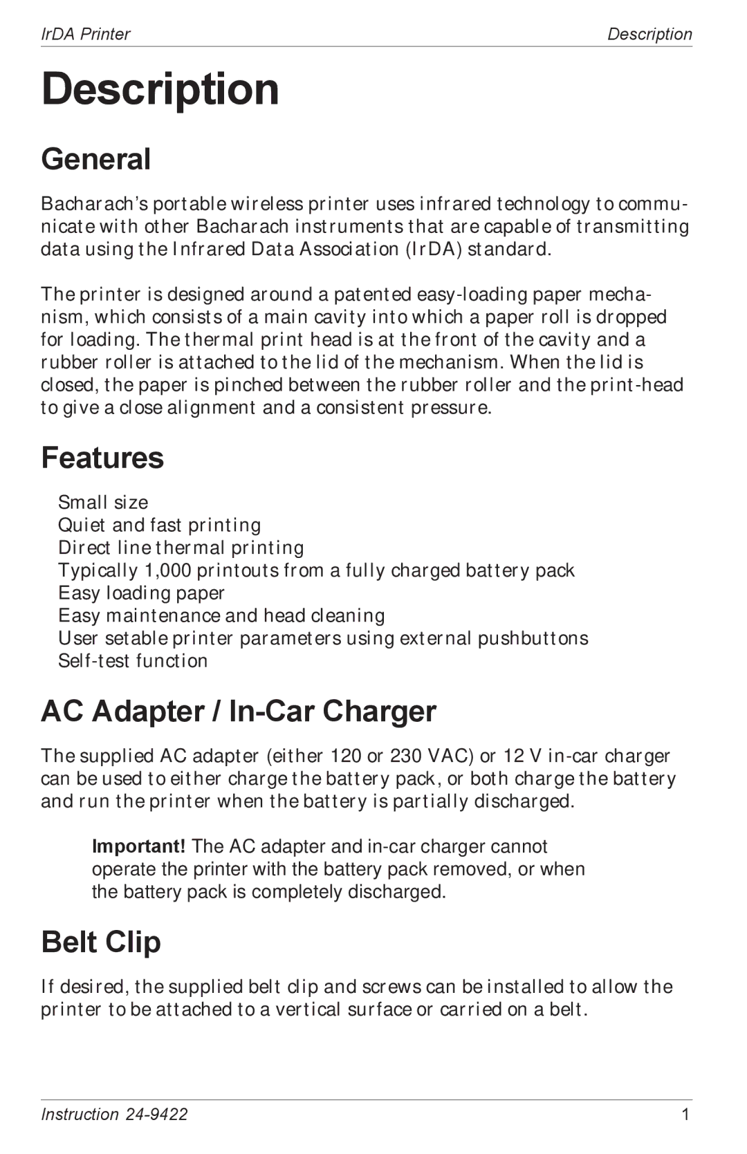 Bacharach 24-9422 manual Description, General, Features, AC Adapter / In-Car Charger, Belt Clip 