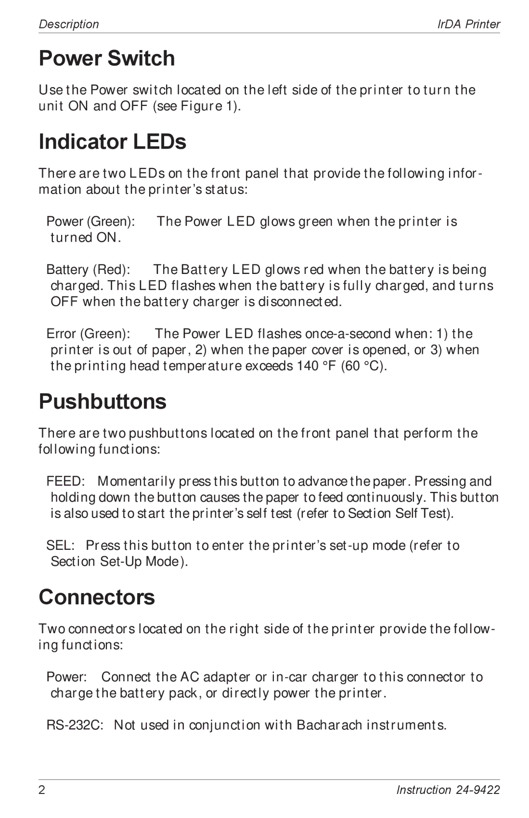 Bacharach 24-9422 manual Power Switch, Indicator LEDs, Pushbuttons, Connectors 