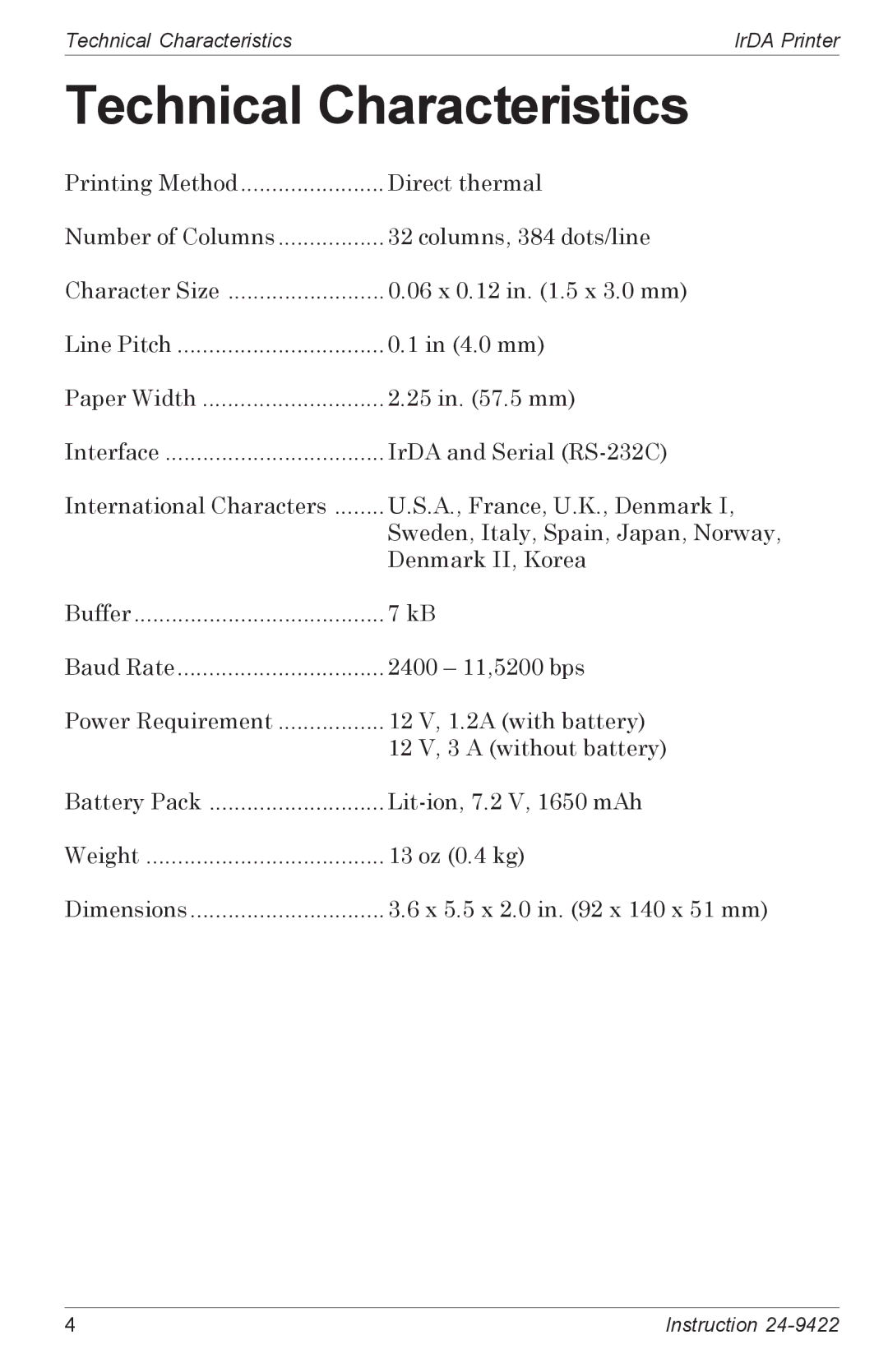 Bacharach 24-9422 manual Technical Characteristics 