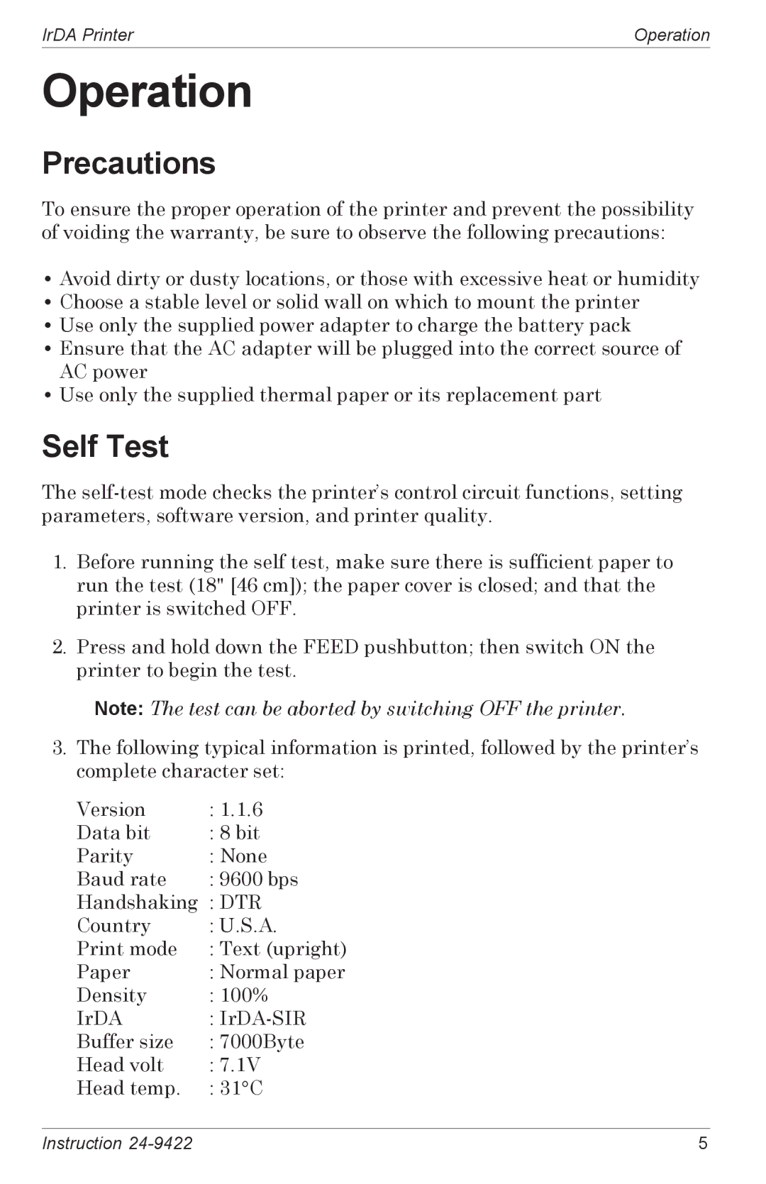 Bacharach 24-9422 manual Operation, Precautions, Self Test 