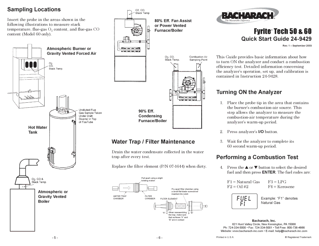 Bacharach Tech 60, 24-9429, Tech 50 quick start Sampling Locations, Water Trap / Filter Maintenance, Quick Start Guide 