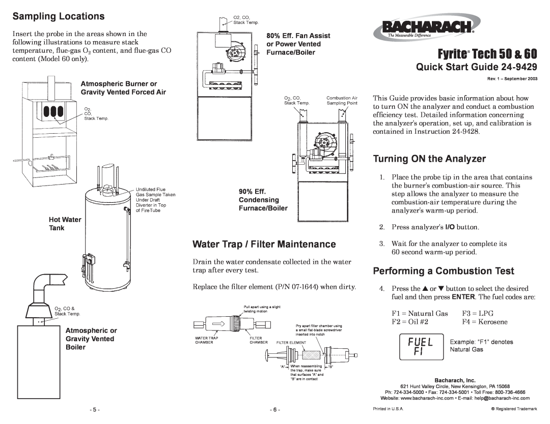 Bacharach Tech 60 quick start Sampling Locations, Water Trap / Filter Maintenance, Quick Start Guide, Fyrite Tech 50 