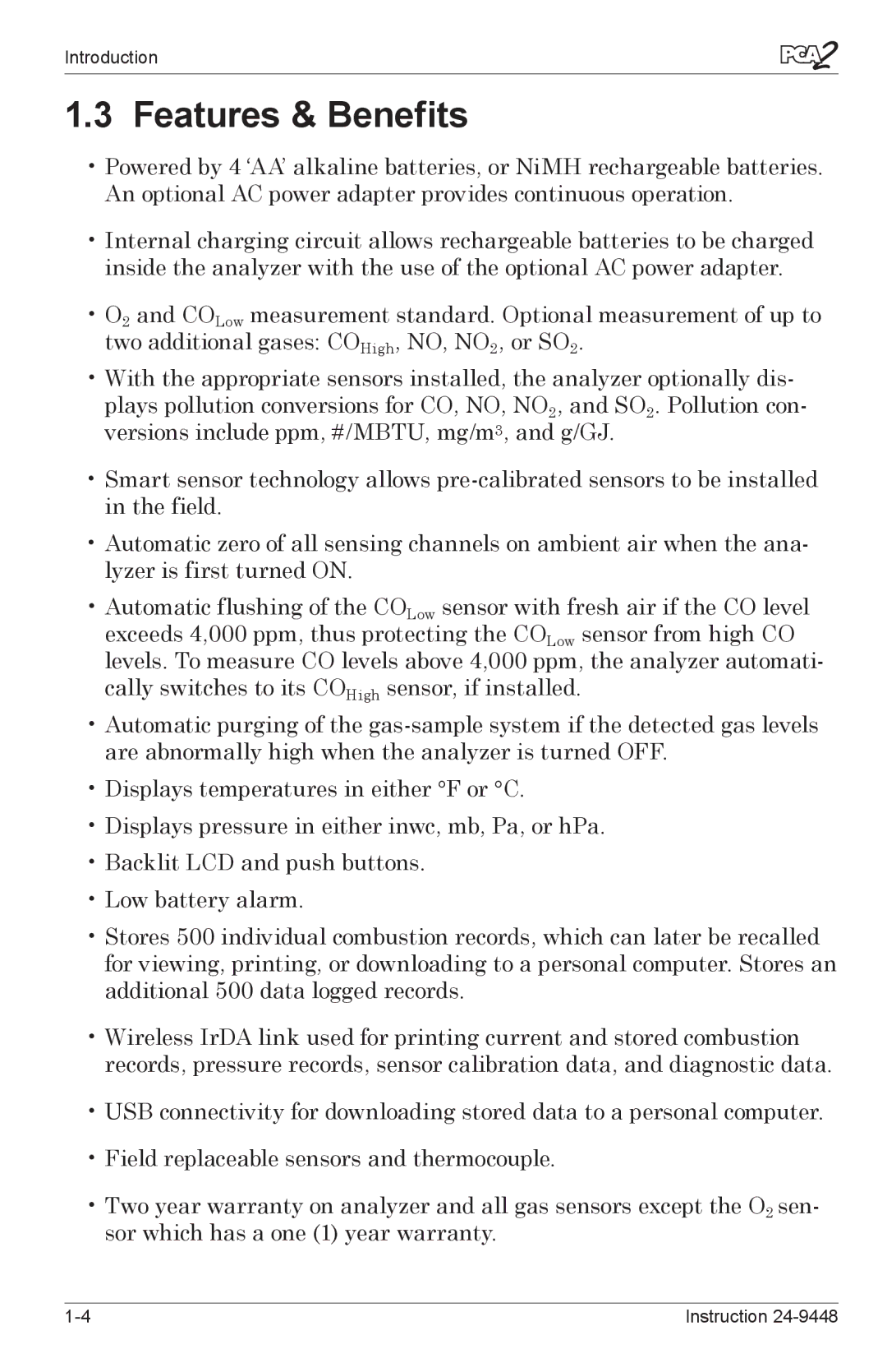 Bacharach 24-9448 manual Features & Benefits 