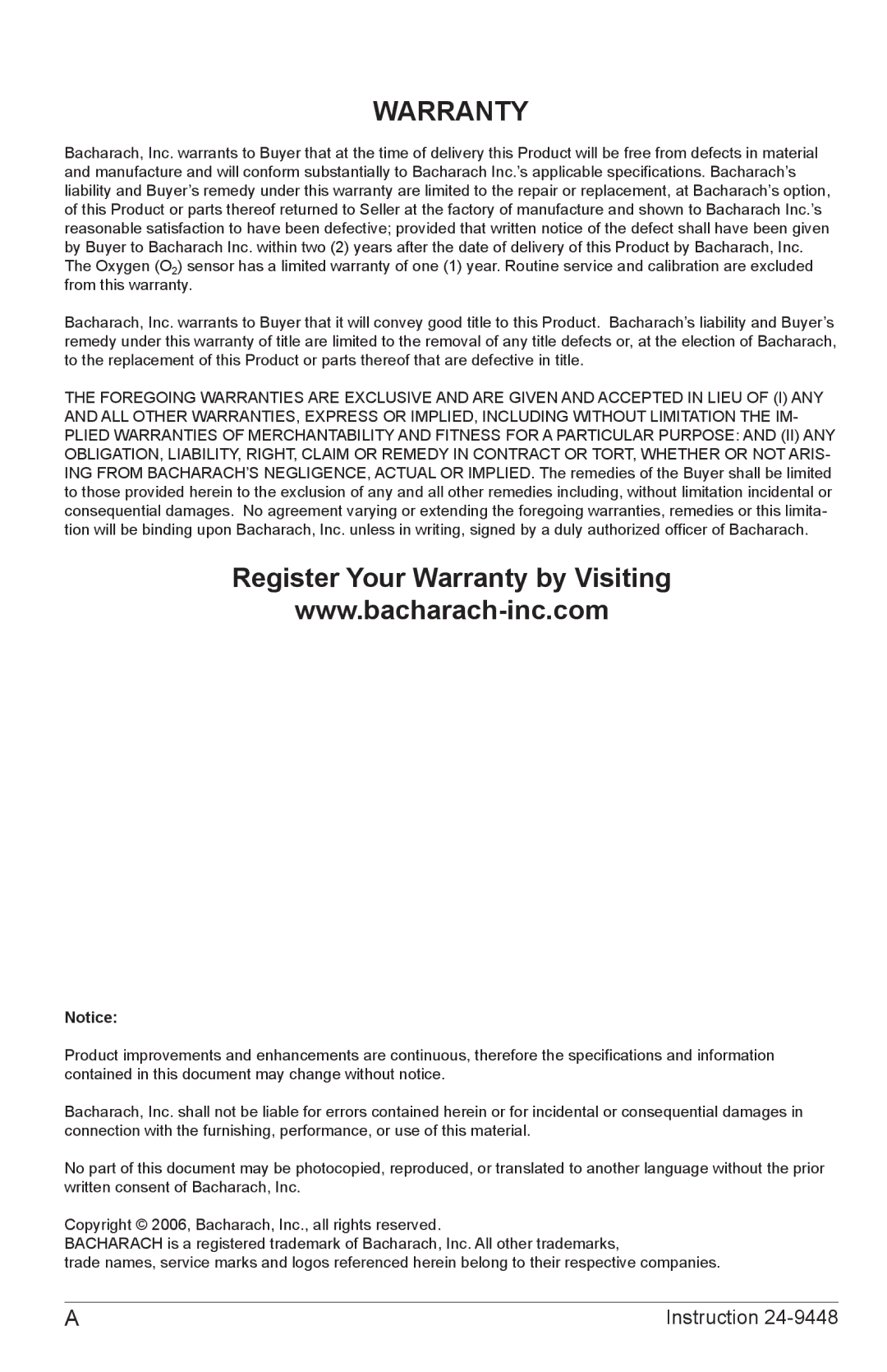 Bacharach 24-9448 manual Warranty 