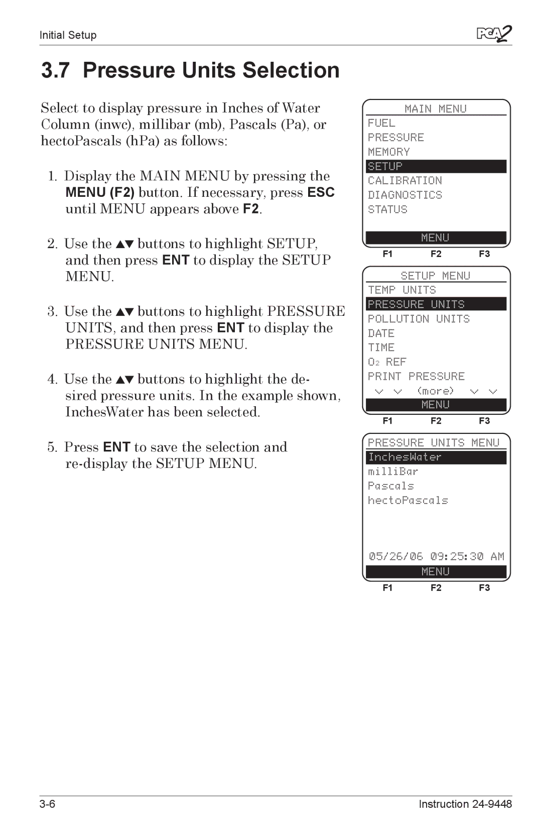 Bacharach 24-9448 manual Pressure Units Selection, Pressure Units Menu 