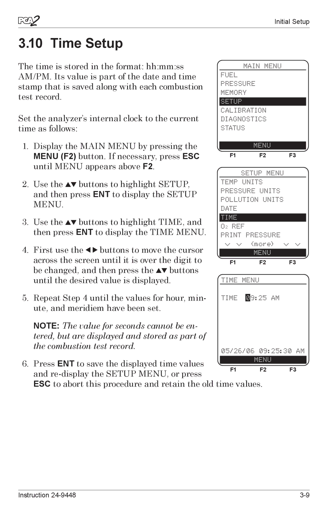 Bacharach 24-9448 manual Time Setup, Menu 