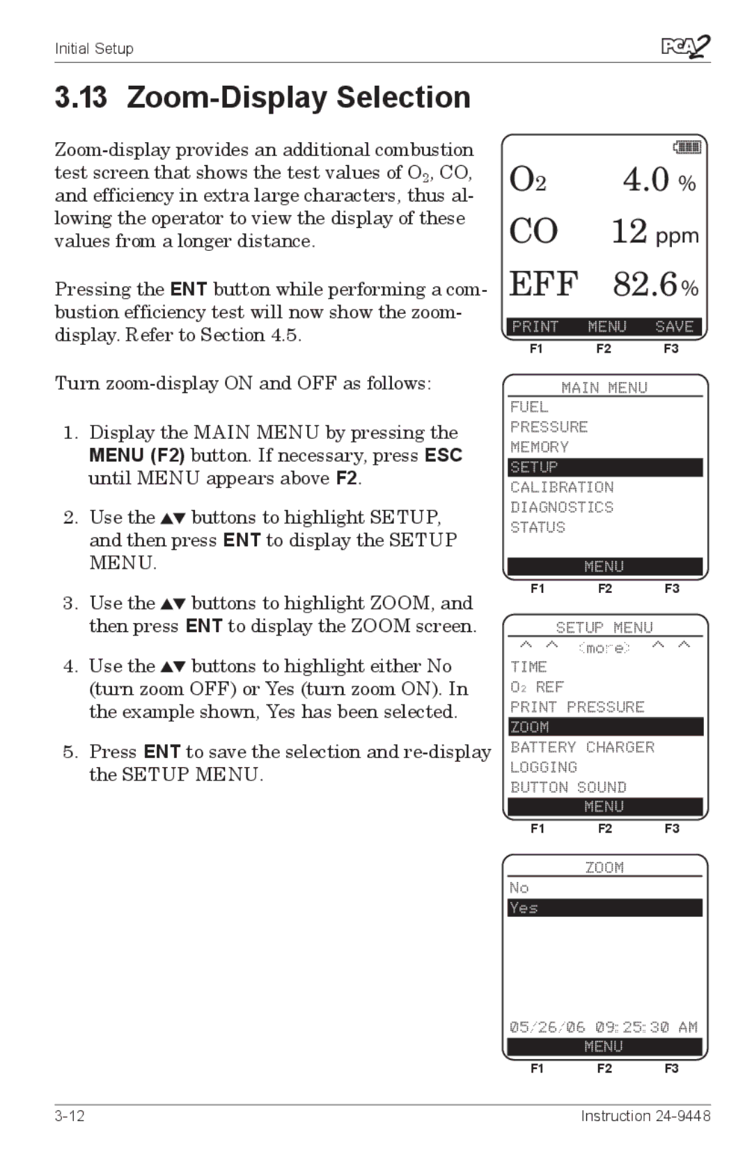 Bacharach 24-9448 manual O2 4.0 % CO 12 ppm EFF 82.6%, Zoom-Display Selection 