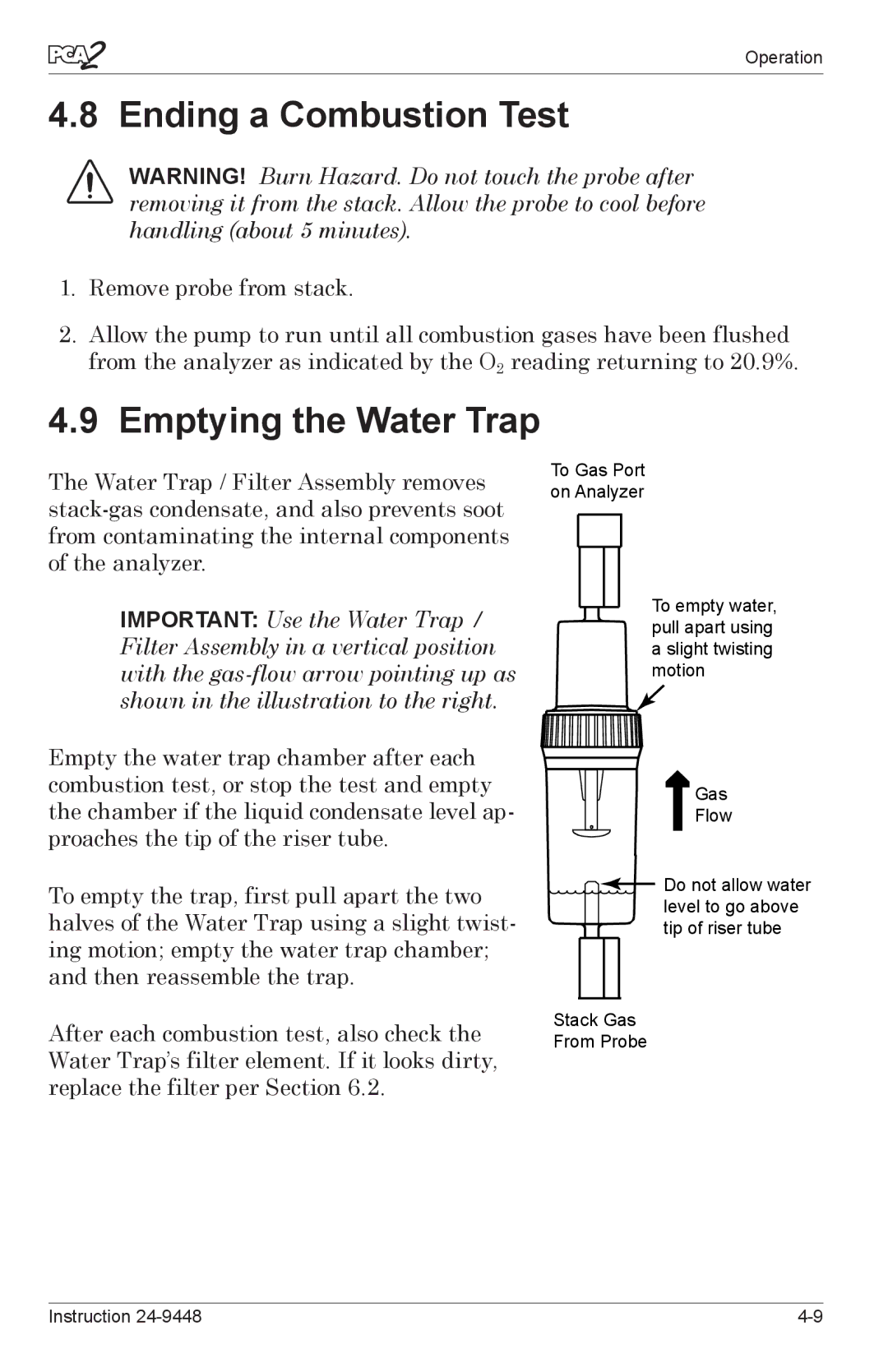 Bacharach 24-9448 manual Ending a Combustion Test, Emptying the Water Trap 