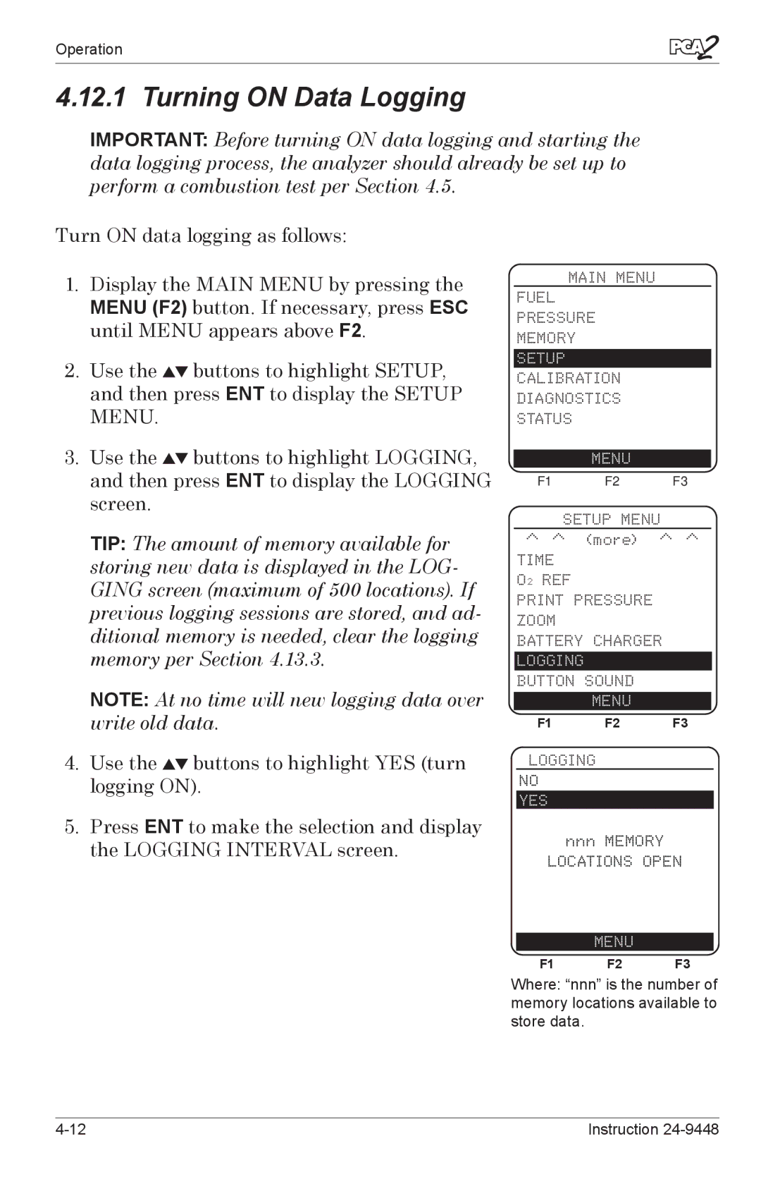 Bacharach 24-9448 manual Turning on Data Logging, Use the buttons to highlight YES turn logging on 