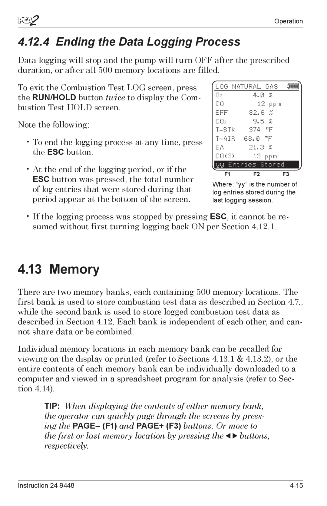 Bacharach 24-9448 manual Memory, Ending the Data Logging Process 