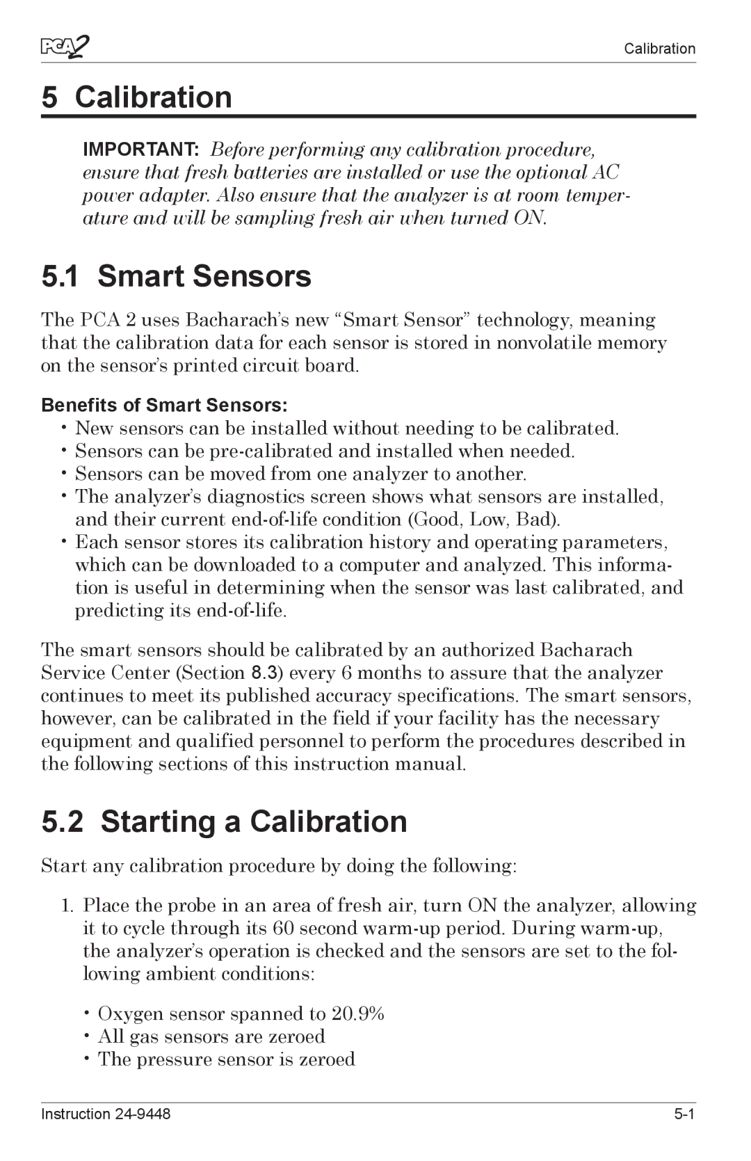 Bacharach 24-9448 manual Starting a Calibration, Benefits of Smart Sensors 