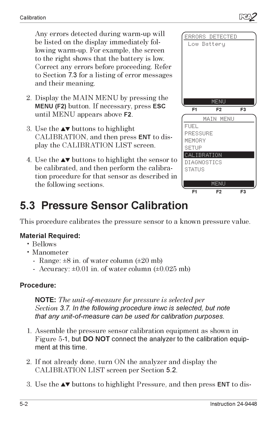 Bacharach 24-9448 manual Pressure Sensor Calibration, Material Required, Procedure 