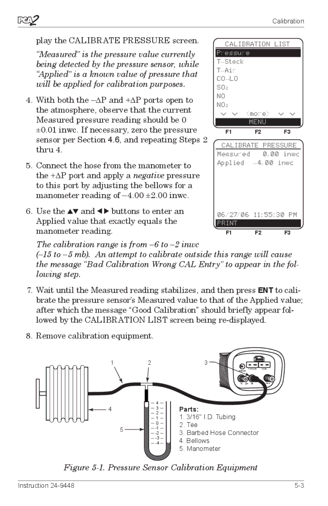 Bacharach 24-9448 manual Pressure Sensor Calibration Equipment 