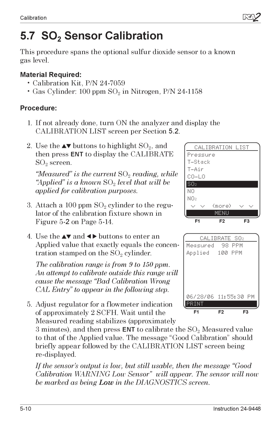 Bacharach 24-9448 manual SO2 Sensor Calibration 
