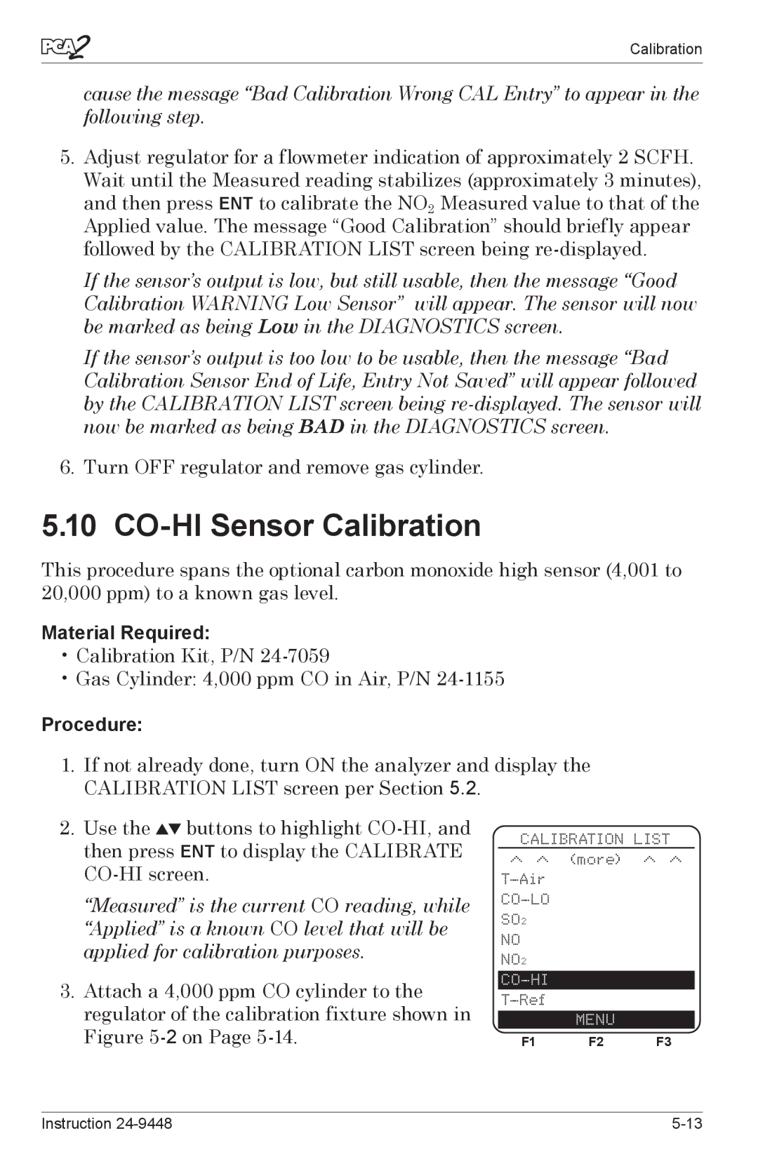 Bacharach 24-9448 manual CO-HI Sensor Calibration 