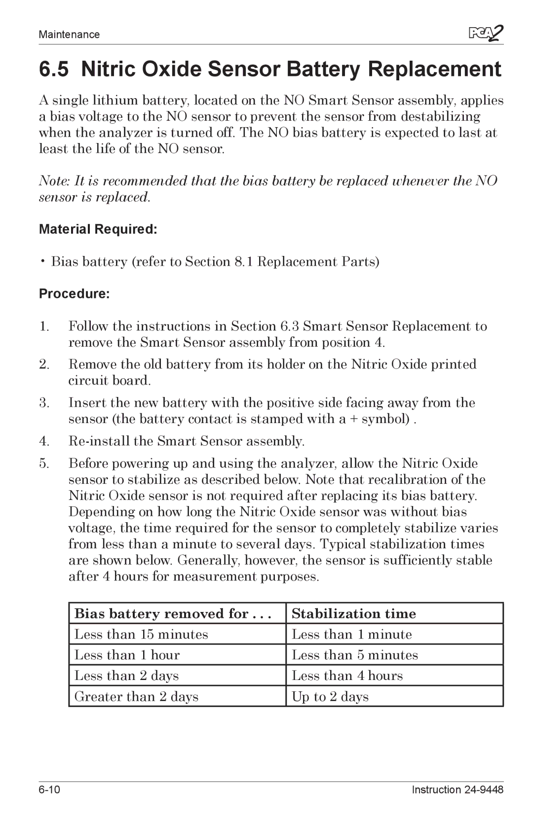 Bacharach 24-9448 manual Nitric Oxide Sensor Battery Replacement, Bias battery removed for Stabilization time 