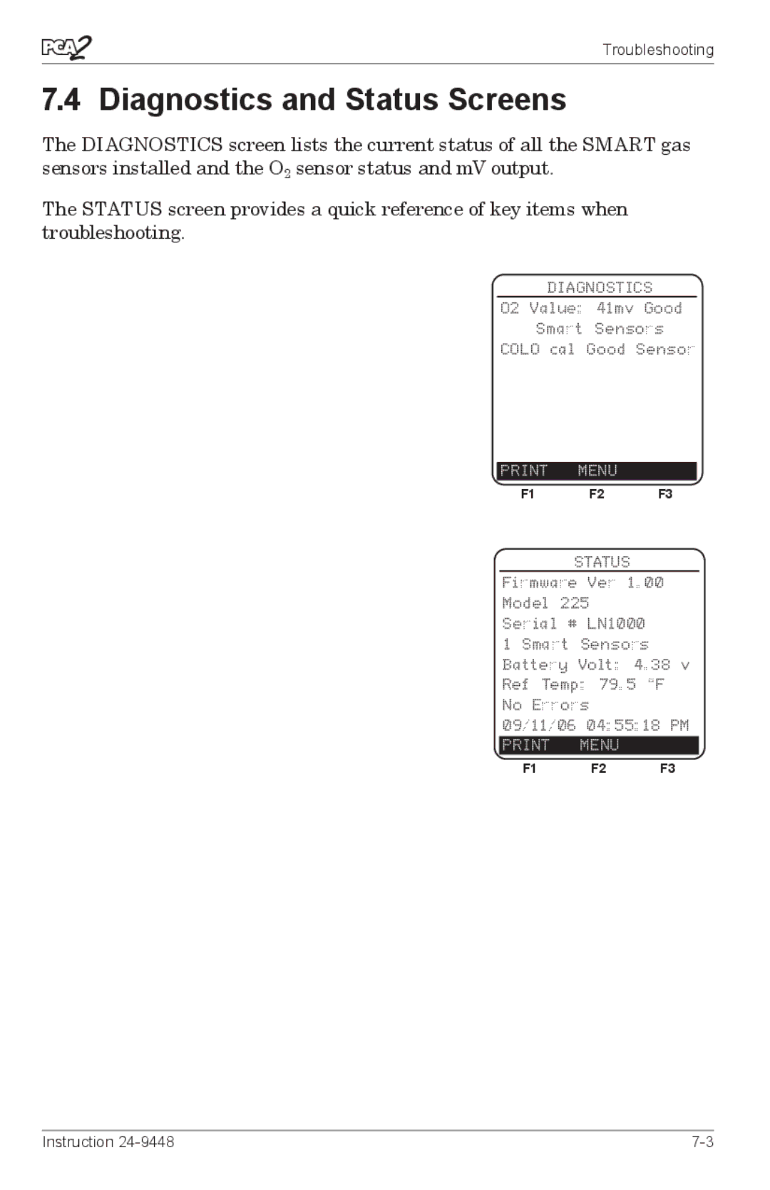 Bacharach 24-9448 manual Diagnostics and Status Screens 