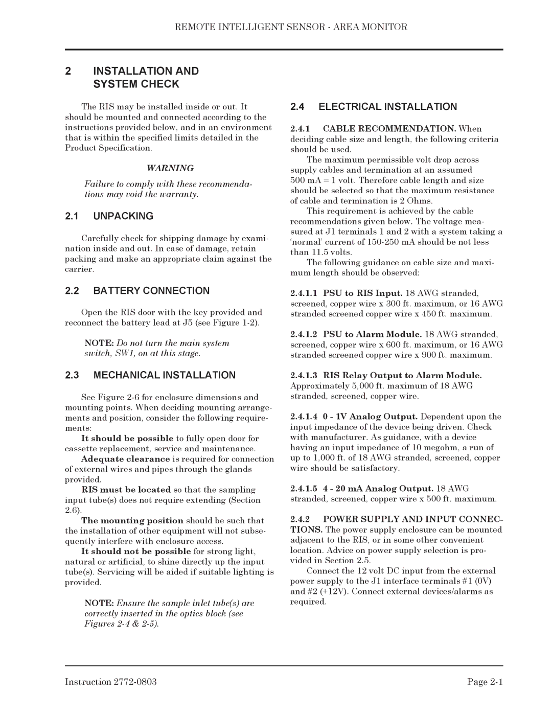 Bacharach 2772-0803 manual Unpacking, Battery Connection, Mechanical Installation, Electrical Installation 