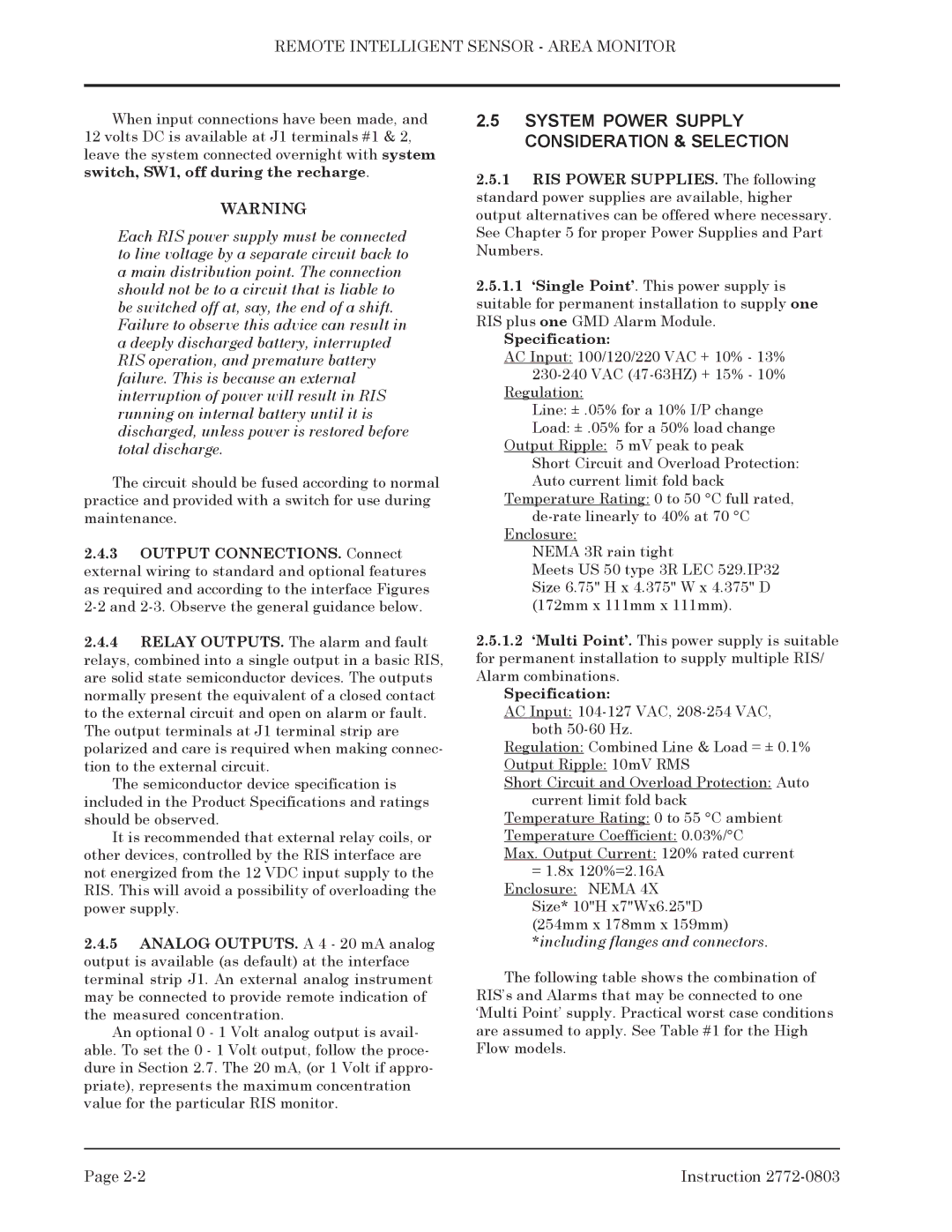 Bacharach 2772-0803 manual System Power Supply Consideration & Selection, Specification 