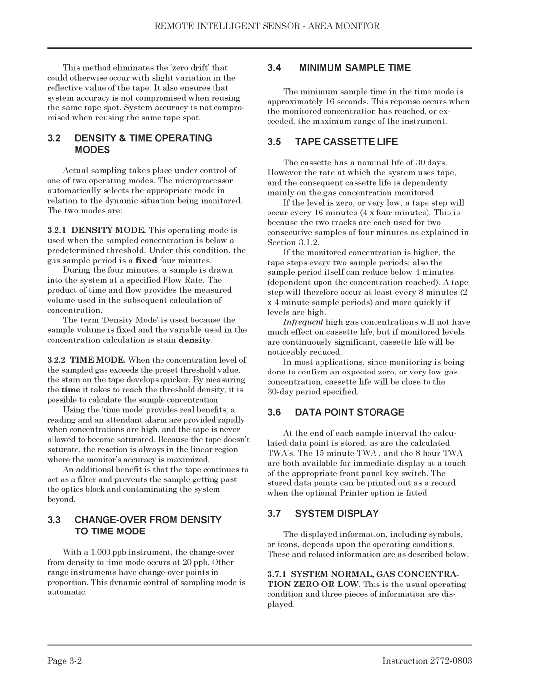 Bacharach 2772-0803 manual Density & Time Operating Modes, CHANGE-OVER from Density to Time Mode, Minimum Sample Time 