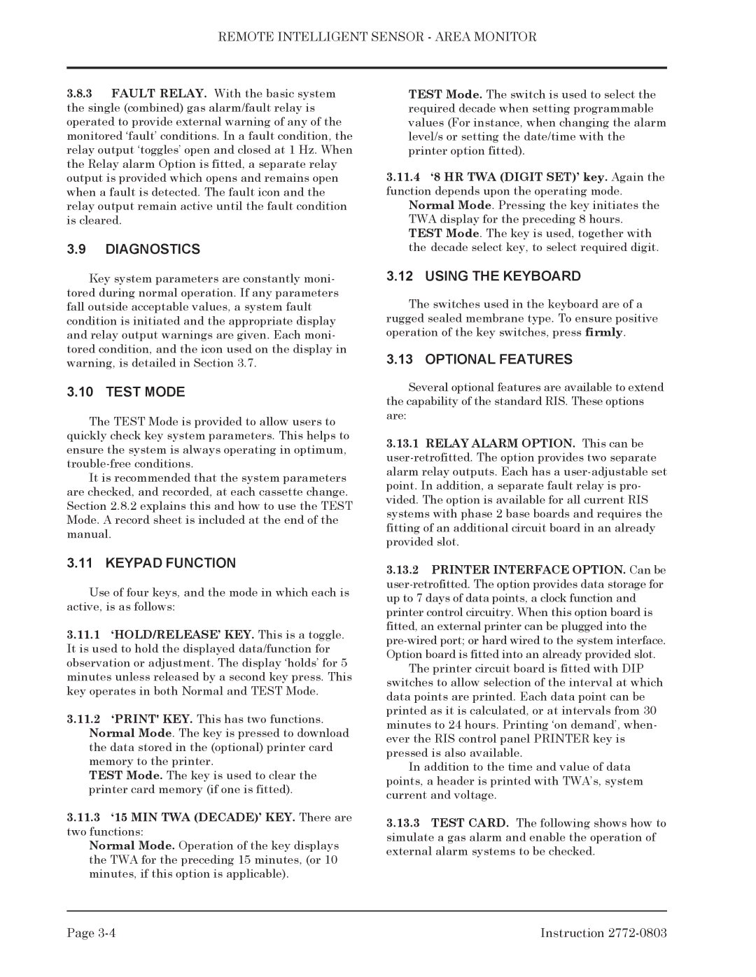 Bacharach 2772-0803 manual Diagnostics, Test Mode, Keypad Function, Using the Keyboard, Optional Features 