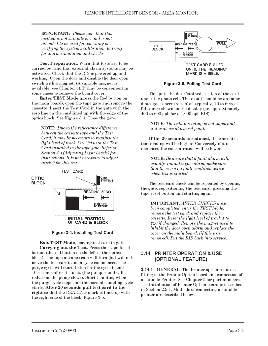 Bacharach 2772-0803 manual Printer Operation & USE Optional Feature, Installing Test Card 