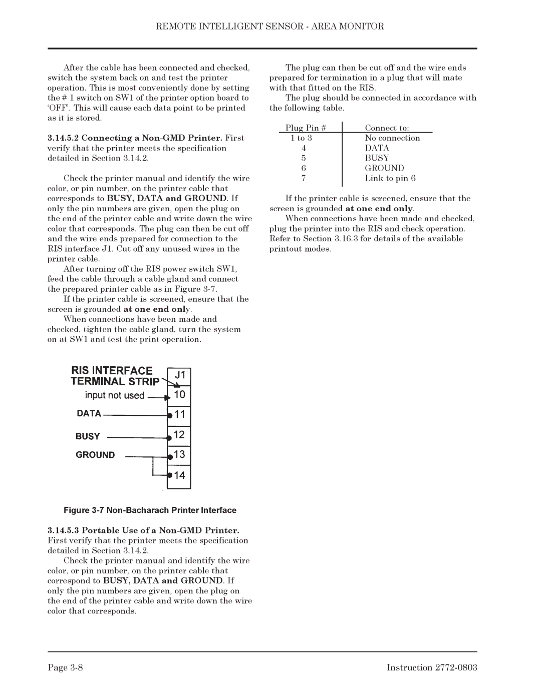 Bacharach 2772-0803 manual Non-Bacharach Printer Interface, Data Busy Ground 