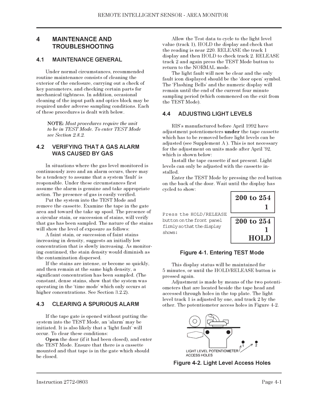 Bacharach 2772-0803 manual Maintenance General, Verifying That a GAS Alarm WAS Caused by GAS, Adjusting Light Levels 