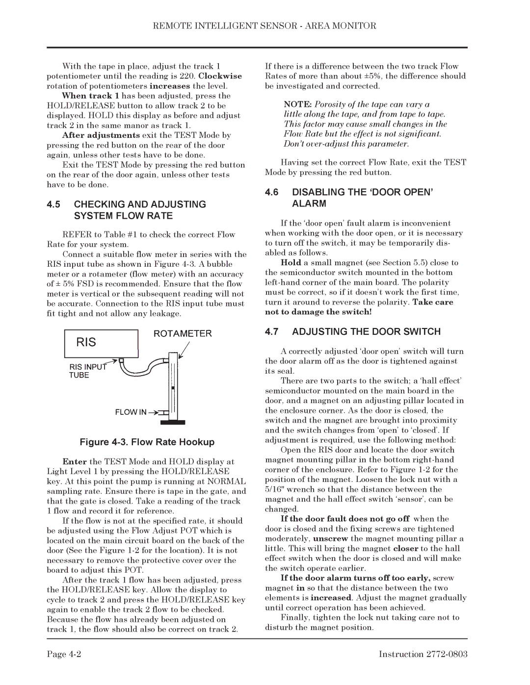 Bacharach 2772-0803 Checking and Adjusting System Flow Rate, Disabling the ‘DOOR OPEN’ Alarm, Adjusting the Door Switch 