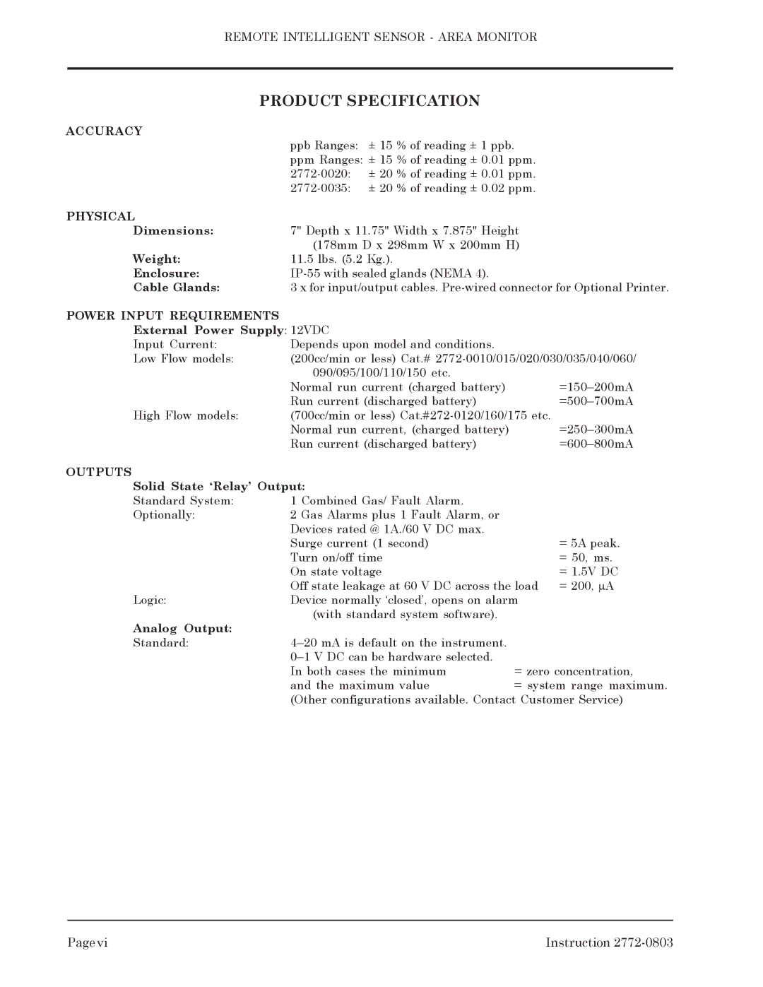 Bacharach 2772-0803 manual Accuracy, Physical, Power Input Requirements, Outputs 